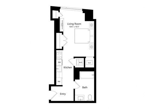 a floor plan of a unit with a living area, kitchen, and bathroom.